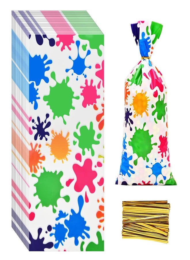 Lecpeting 100 Pcs Artist Paint Treat Bags Colorful Paint Splatter Print Cellophane Candy Bags Art Painting Party Favor with Twist Ties for Artist Painting Theme Birthday Party Supplies - Image 1